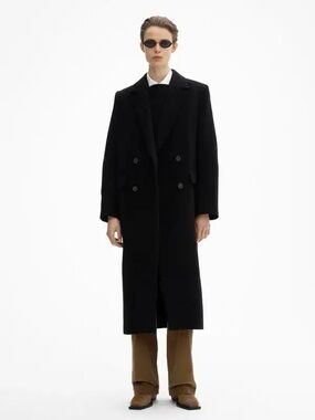 House of Dagmar Minimalist Black Long Double-Breasted Wool Coat